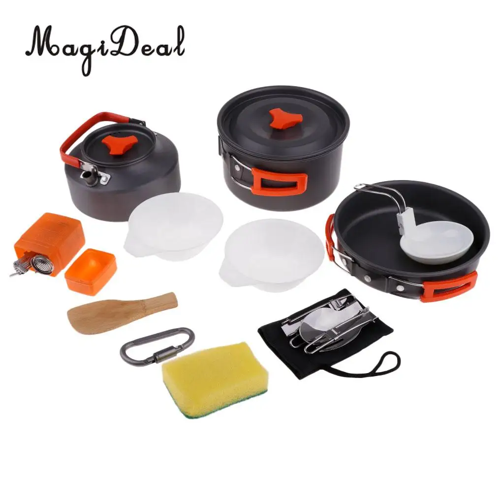 

15PCS Camping Cookware Mess Kit Lightweight Compact and Folding Backpacking Cooking Set Pot Pan Kettle Stove Bowl Set