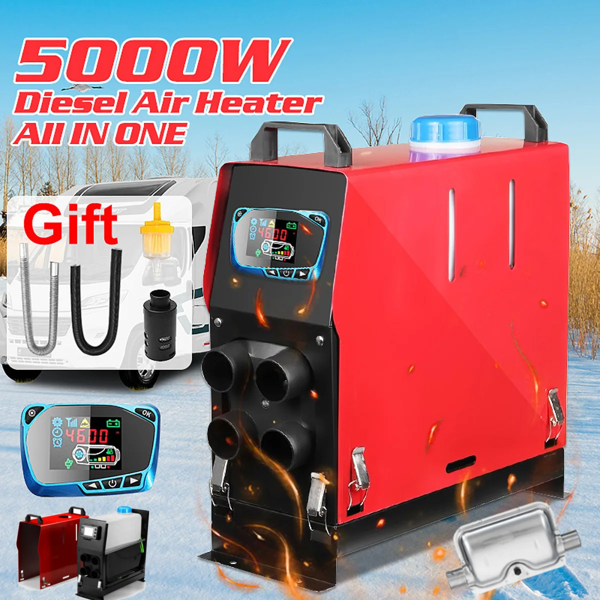 

All In One 5000W Air diesels Heater 5KW 12V 4 Holes Car Heater For Trucks Motor-Homes Boats Bus +LCD key Switch+English Remote