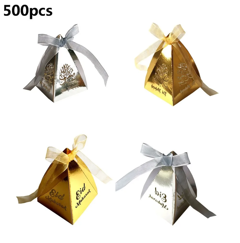 

500pcs Eid Mubarak Candy Box DIY Party Supplies Favor Box Eid Islamic Muslim Paper Gift Boxes Ramadan Decorations 5*5*7cm