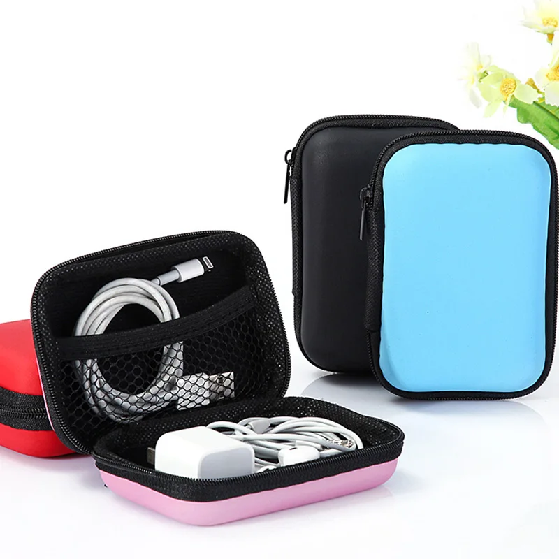 

Newest Portable Mini Rectangle Earphone Case Protective Usb Cable Headset Bag Black Blue PU Leather Headphone Cover SD TF Cards