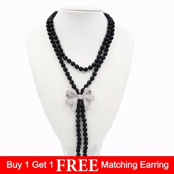 

LiiJi Unique Natural Stone Black Onyx Faceted Beads&Cubic Zirconia Bowknot Pendant&Baroque Pearl Tassels Necklace 35''/90cm