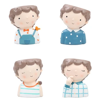 

4 pcs Succulent Pot Cute Cartoon Lovely Boy Bonsai Flowers Pot Resin Planter for Desktop Decor Office