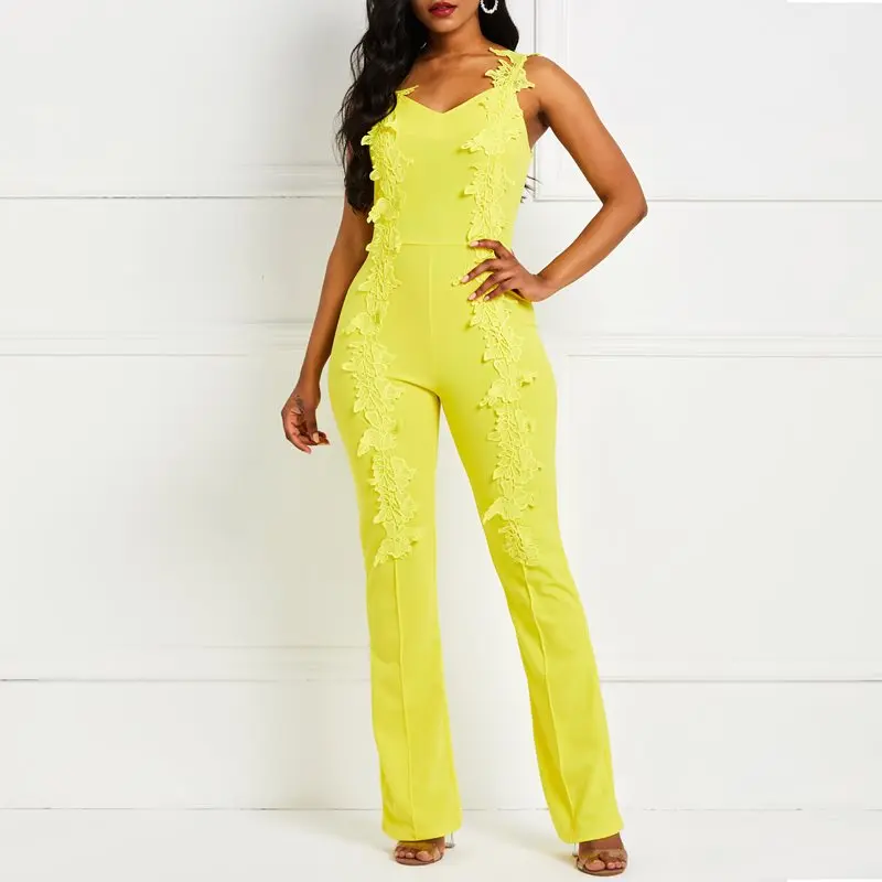 

Sexy Jumpsuit Women Summer Overalls Rompers Backless Yellow Club Sleeveless Ladies Fashion Elegant Lace Strap Long Jumpsuits New