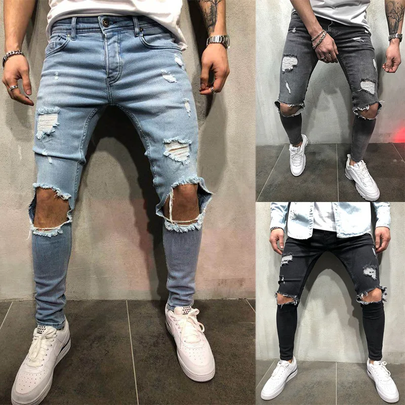 Уличной моды Для мужчин джинсы Винтаж синий, серый Цвет облегающие, рваные Рваные джинсы сломанной панковские штаны Homme в стиле «хип-хоп» Джинсы Для мужчин