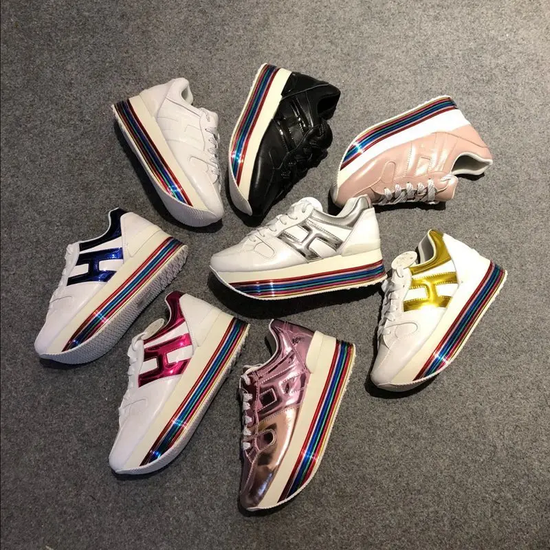 

19ss Mixed Color Rainbow Thick Bottom Casual Shoes Round Toe Lace Up Sport Court Sneakers Soft Flat Platform Running Woman Shoes