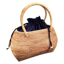 Rattan Hand Woven Bag Tote Straw Handbag Handmade Tote Bamboo Purse Straw Summer Beach Bags For Women Satchel Female Travel Bag two tone straw tote bag