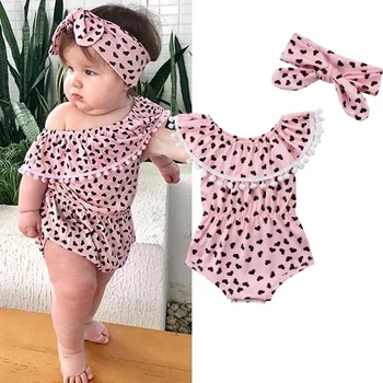 

Heart Print Ruffle Collar Off the shoulder Baby Romper with Headband For Girls