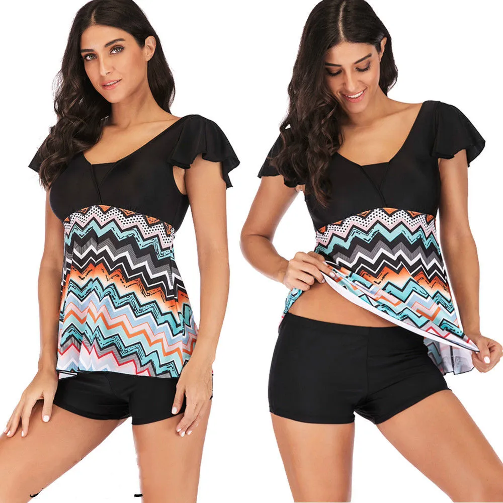 

Women Ladies Short Sleeves Push-up Padded Bra Tankini Set Printed Swimsuit Bathing 2pcs Set Swimwear