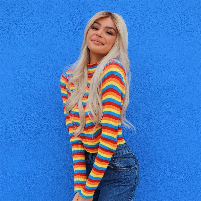 Najtaniej Damski sweter z golfem sweter w stylu crop Women Rainbow sweter 2018 jesienno zimowy modny top obcisły sweter Streetwear strój sweter
