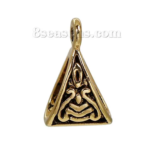 

European Style Bails Beads Triangle golden tone Antique gold color Pattern Carved 15mm(5/8")x 10mm(3/8"), 50 PCs