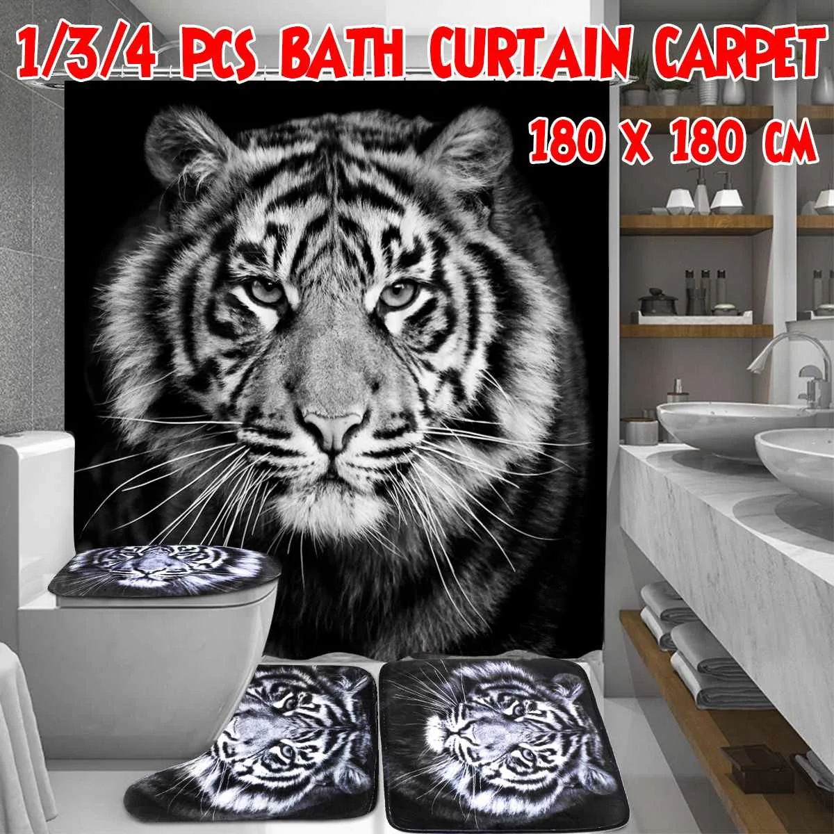 

Bath Mat Shower Curtain Tiger Bathroom Toilet Cover Mat Non-Slip Rug Accessories Sets Tiger Head Printing Waterproof Curtain