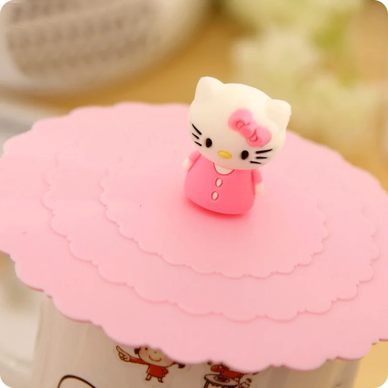 

1PC Cartoon Silicone Leakproof Cup Lids Hello Kitty Heat Resistant Reusable Sealed Cover Kitchen Accessories @