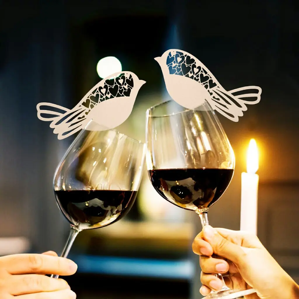 

10pcs/lot Bird Wine Glass Paper Card 4.7x10.2cm Hollow Laser Cut Escort Cup Name Place Card Birthday Party Wedding Decoration