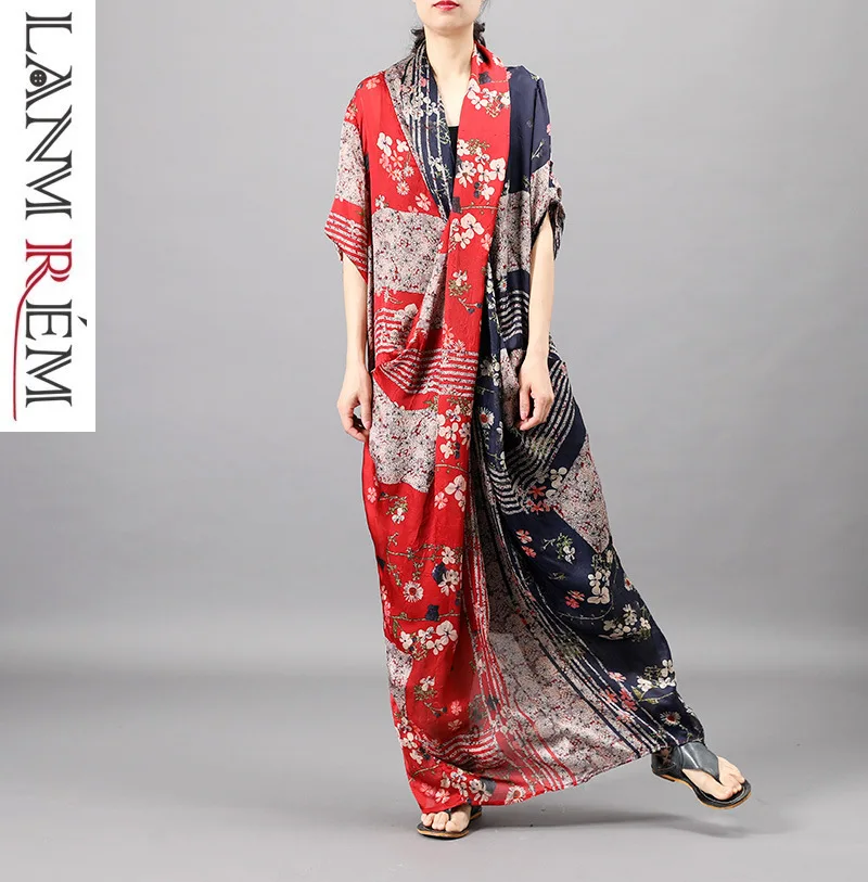 

LANMREM 2019 Imitate Silk Printing Split Joint Dress Crossing Contrast Color V Collar Fashion Personality Longuette Spring YH141