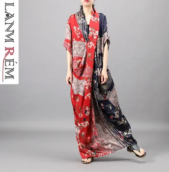 

LANMREM 2020 Imitate Silk Printing Split Joint Dress Crossing Contrast Color V Collar Fashion Personality Longuette Spring YH141