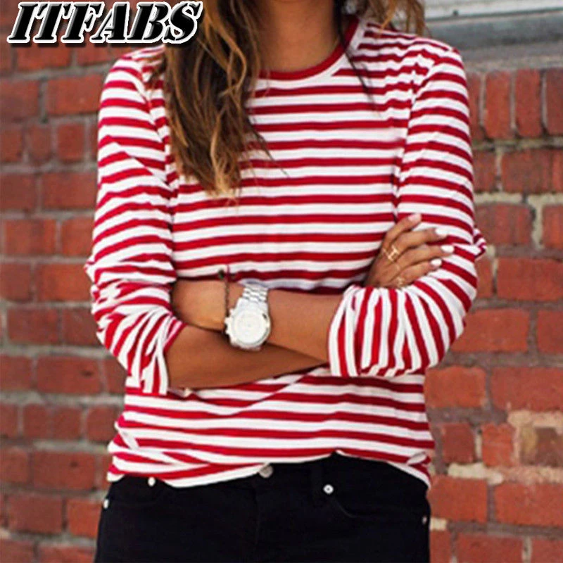 

Women's Loose Long Sleeve Long sleeve stripes T shirt