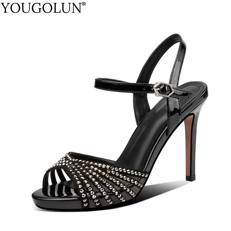 

Crystal High Heels Sandals Women Patent Leather Summer A217 Lady Ankle Strap Thin Heel Sandal Fashion Woman Apricot Black Shoes