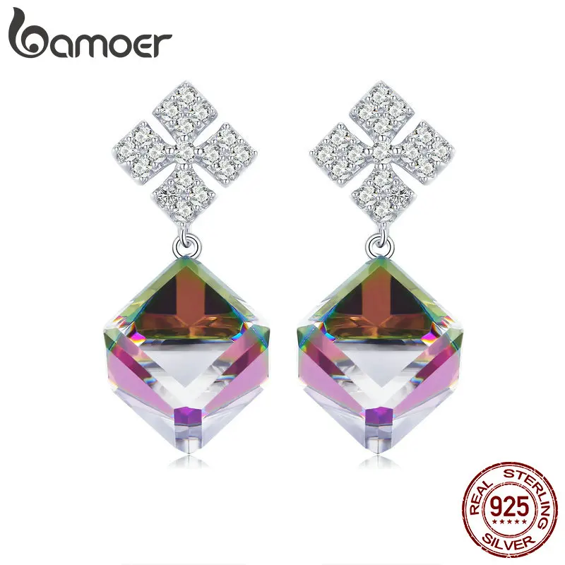 

BAMOER Fashion 925 Sterling Silver Luminous Cubic Zircon Simple Square Earrings Drop Wedding Engagement Jewelry SCE542