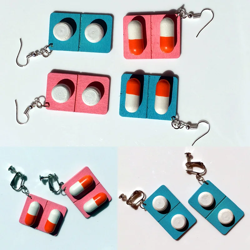 

2019 new Pills Wooden Medicine Ear Hoop Cute Hot Sale Fashion Jewelry Creative Lovely 1Pair Drop Earring Ear Clip Capsule