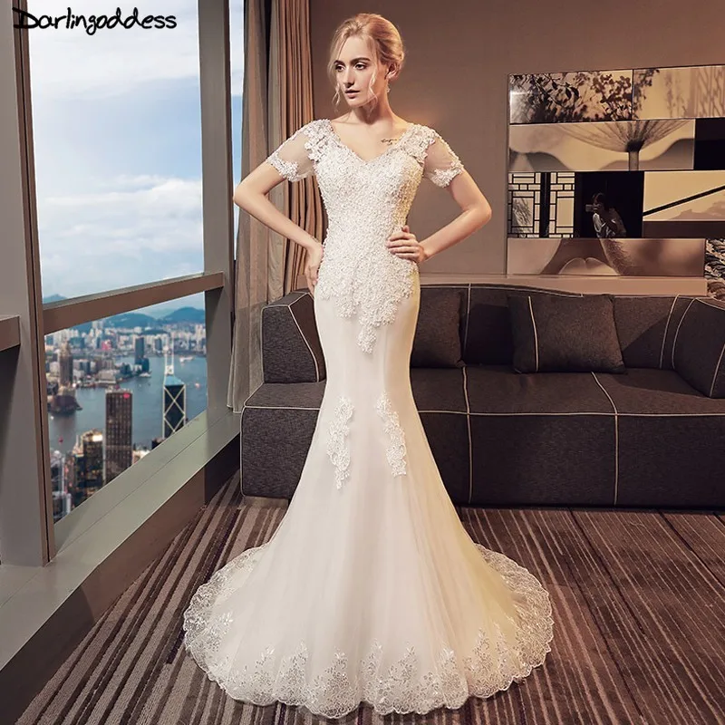 Vestido de Novia Винтаж кружево Русалка Свадебные платья рубашка с короткими рукавами 2018 халат де mariée Sexy V образным вырезом Свадебное платье