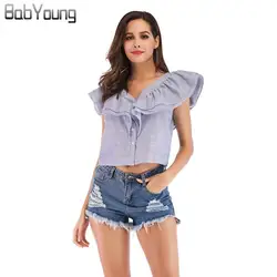 BabYoung 2019 новая летняя женская Хлопковая полосатая блузка темперамент v-образным вырезом без рукавов рубашка Rullfe Сращивание шифоновые Блузы
