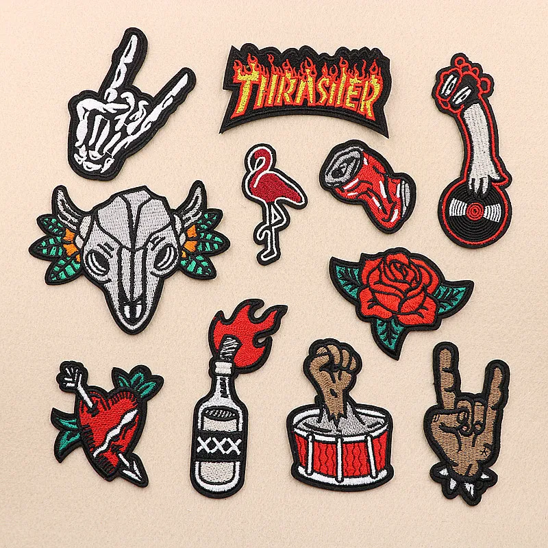 

PGY Dark Punk Embroidered Patches Iron On Stickers By Household Fire Flamingo Rose Embroidery Appliques Wine Bottles Badges