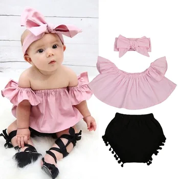 

3 piece Lovely Off Shoulder Top, Shorts and Headband Set for Baby Girl and Girl Clothes