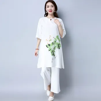 

Two Piece Sets 2019 Spring Summer Women Sets Elegant Cotton Linen Wide Leg Pants V-Neck Loose Female Long Blouse Pants Set