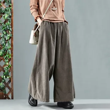 

Autumn Winter Pants Retro Loose Pants Women Trousers Elastic Waist Pocket Solid Corduroy Casual Pants