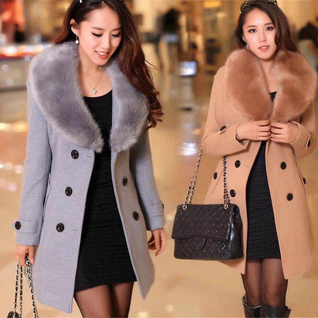 2018 Womens Winter Wool Long Coat Warm Jacket Parkas Faux Fur Collar Fleece Outwear Overcoat Plus Size Adjustable Waist | Женская одежда