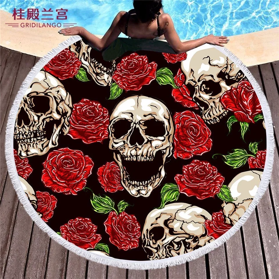 

GRIDILANGO Multi Cool Skull Pattern Round Beach Towel For Adult Quickly Absorbtable Swimming Travel Outdoor Blanket Bath Towel
