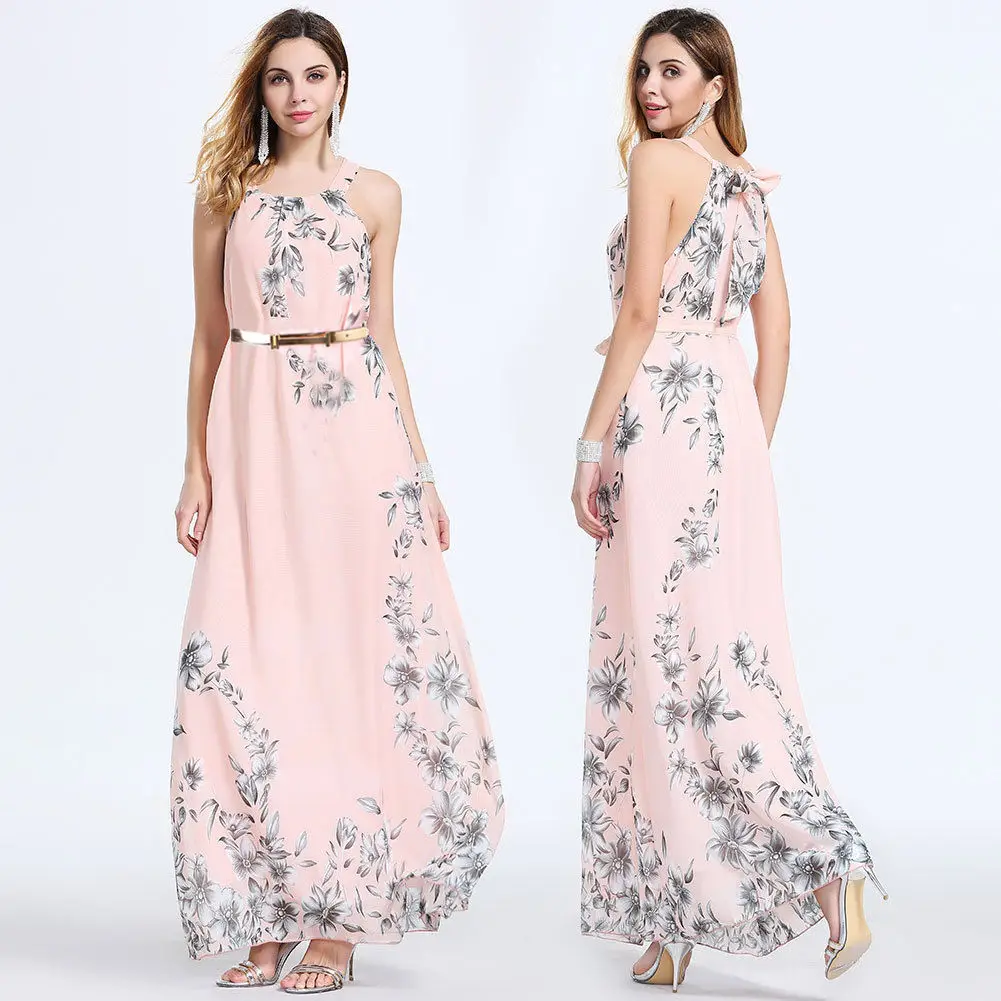 

2019 Newest Hot Women Long Formal Prom Floral Boho Chiffon Dress Beach Party Chiffon Summer Sleeveless Maxi Sundress With Belt