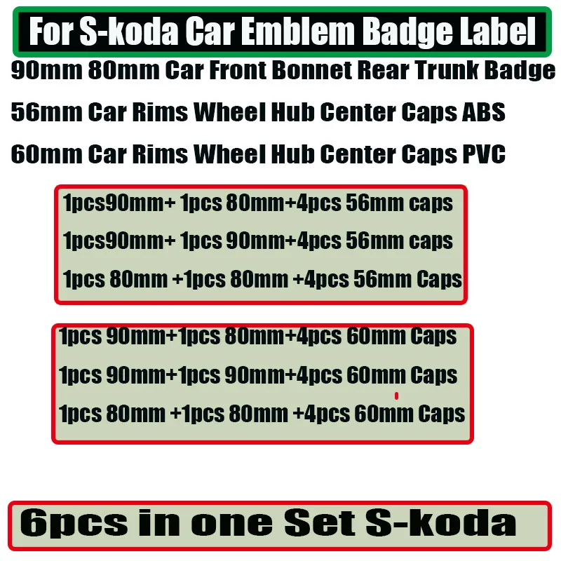 

6PCS/LOT Car Emblem 90mm 80mm 56mm 60mm Front Hood Tail Trunk Badge Auto Rims Wheels Hub Caps For skoda Octavida Bora Jetta