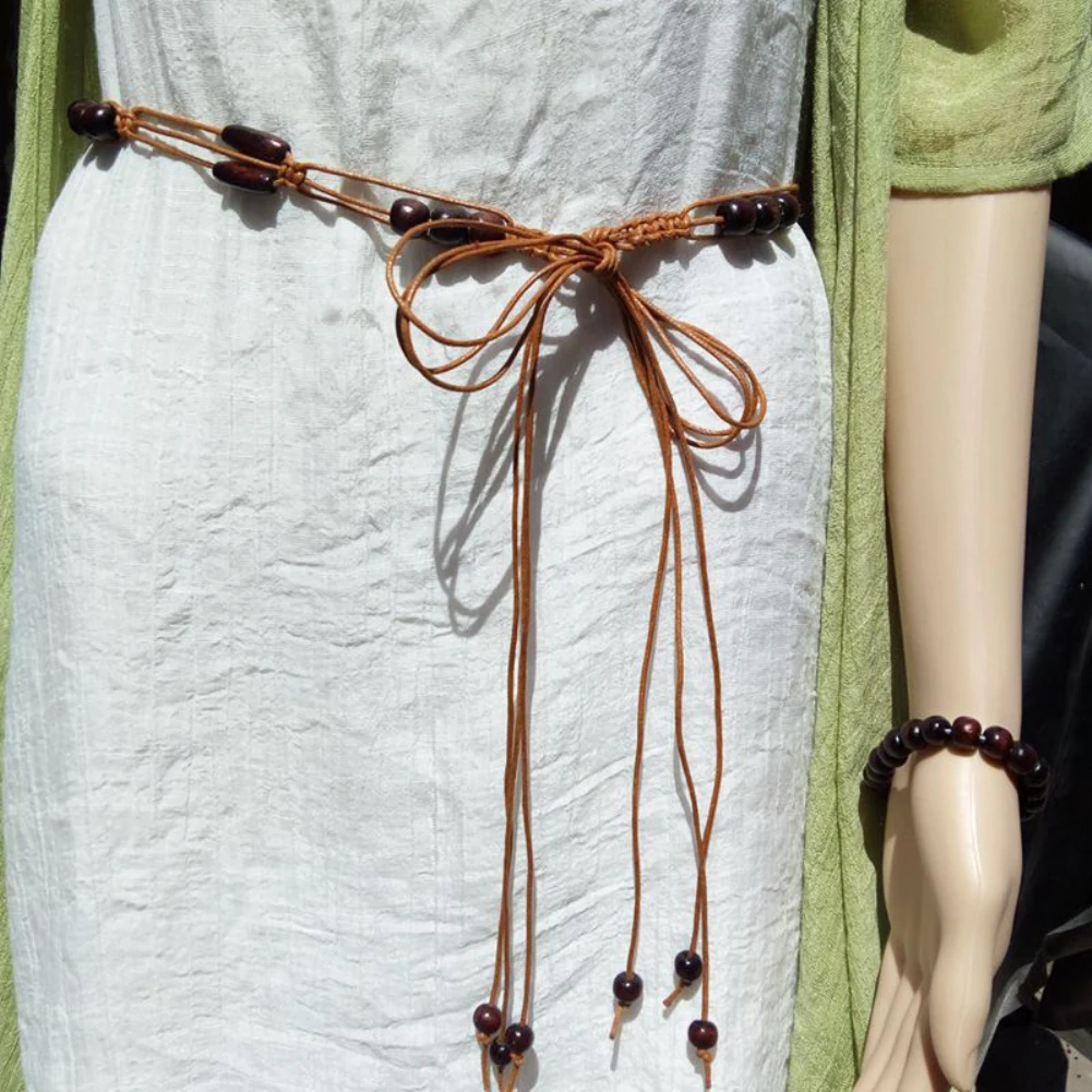 Модные женские туфли сплетенные деревянные бусины вощеный шнур веревки пояс с кистями юбка платье Декоративные