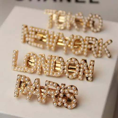 

Girls Metal French Barrettes Famous City Name Faux Pearl Letters Luxury Hair Clips Metallic Gold Spring Automatic Hairpins