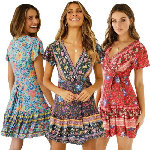 

Women Sexy And Charming Deep V-Neck Dresses Ethnic Style Flower Print Short Dress Fashionable Summer Beach Dress