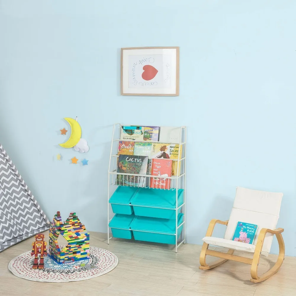 SoBuy KMB07-B, Children Kids Bookcase Storage Display Shelving Unit Metal Organization Rack with Plastic Storage Boxes