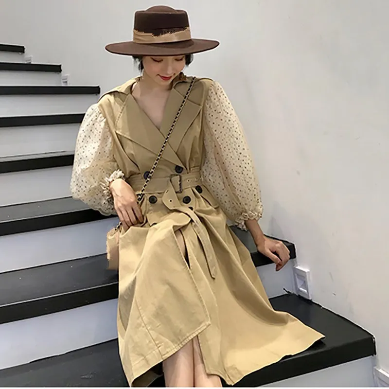 Fashion Dot Mesh Puff Patchwork Windbreaker Female's Double Breasted Long Type Coat Long Sleeve Trench Coat
