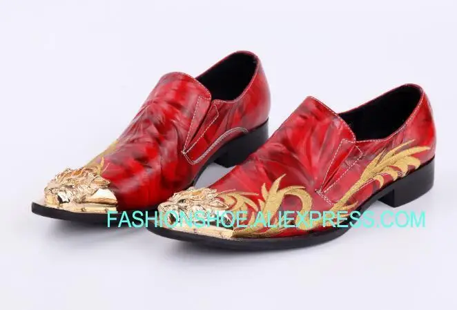 

Fashion Dragon Embroidery Oxfords Genuine leather Gold metal toe Red Wedding Party Shoes