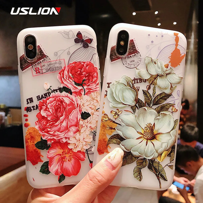 Чехол USLION с цветком камелии для iPhone XS MAX XR X 8 Plus чехлы объемным рельефным цветочным