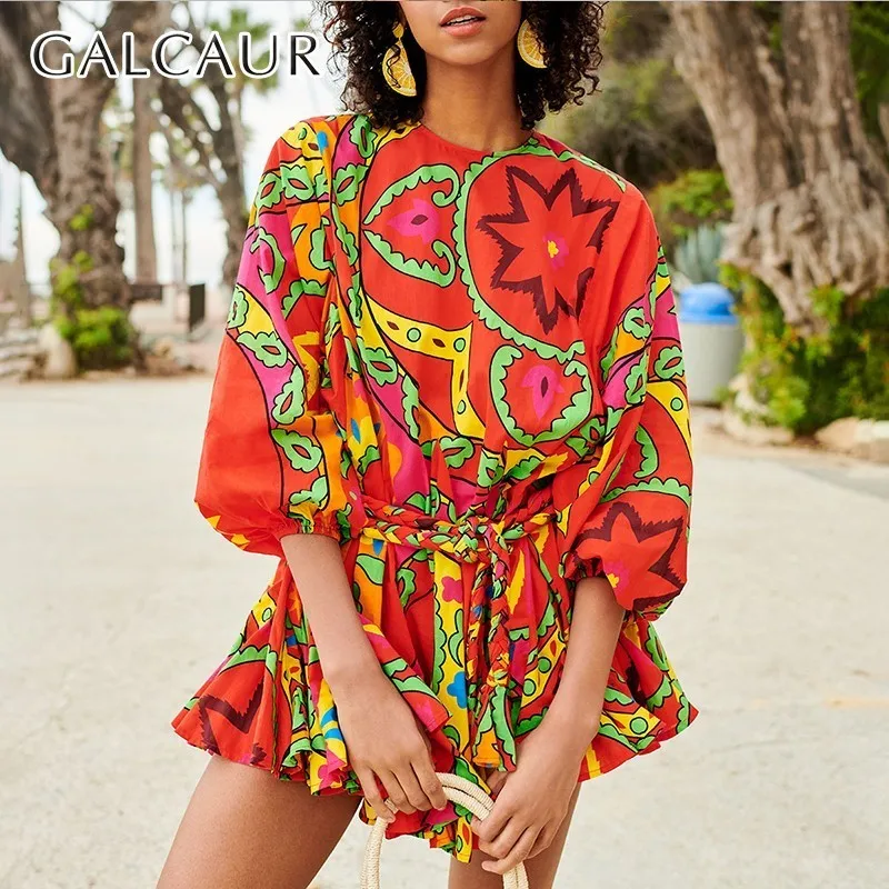 

GALCAUR Casual Beach Dresses Female O Neck Long Sleeve High Waist Bandage Print Dress For Women 2019 Spring Fashion Tide