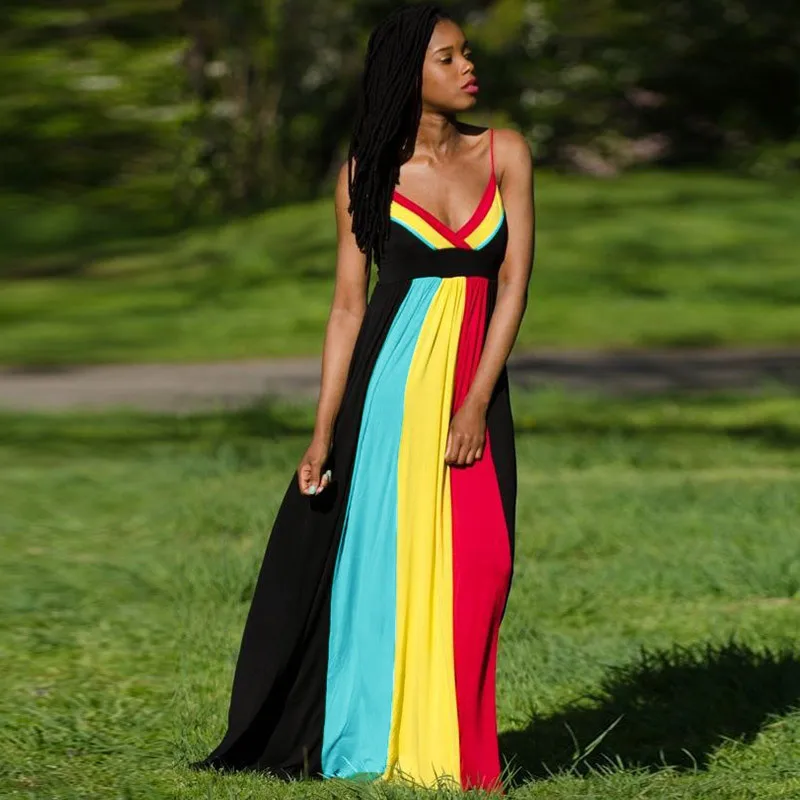 

Sexy V Neck Bohemian Maxi Dresses for Women Spaghetti Strap Patchwork Summer Beach Dresses Backless Long Vestidos