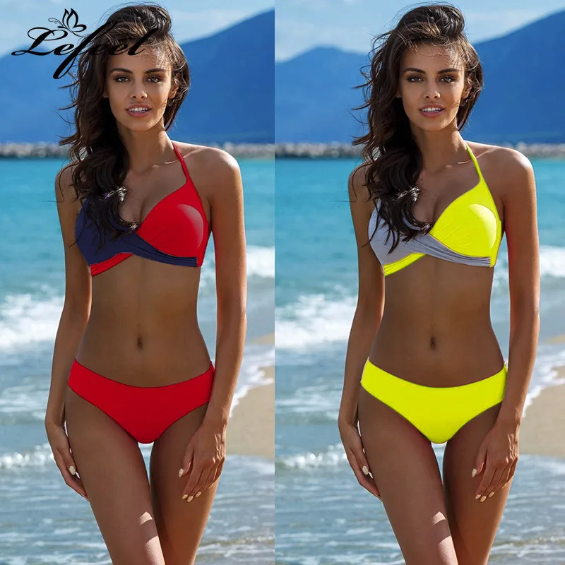 

Lefeel Solid Patchwork Bikinis New Push Up Swimwear Women Sexy Halter Top Swimsuit Bathing Suit Summer Beachwear Biquini