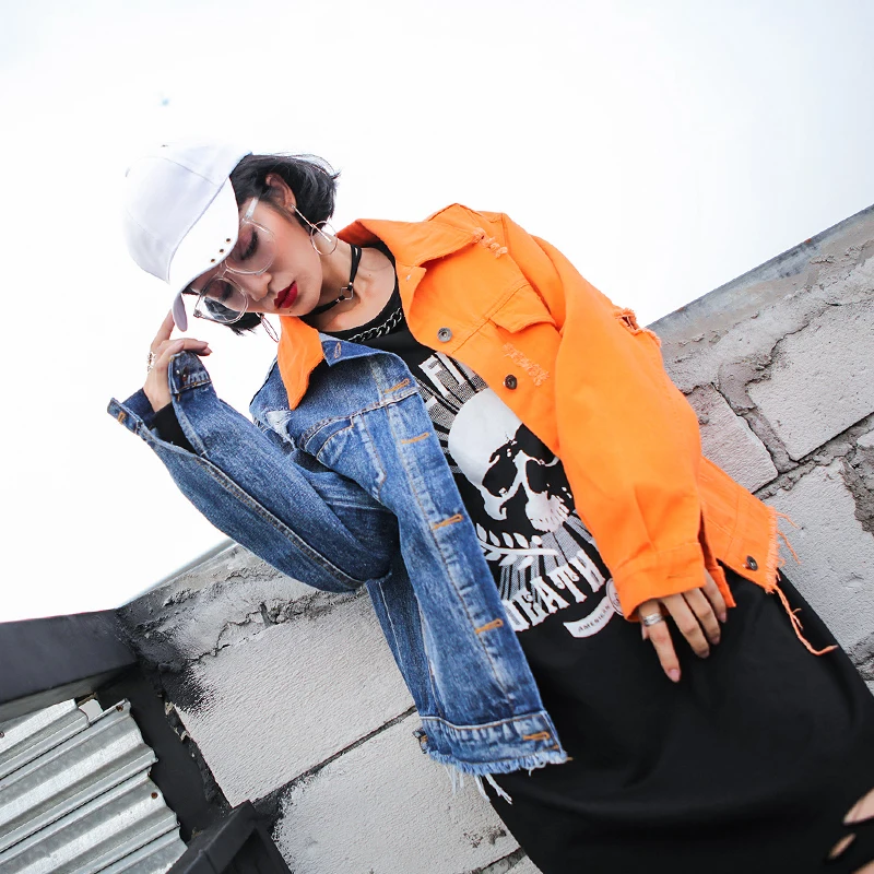 

Hip Hop Girl 2019 Jackets Spring Autumn New Long Sleeve Blue Orange Hole Patchwork Ripped Denim Jacket Washed Jeans Stylish Coa