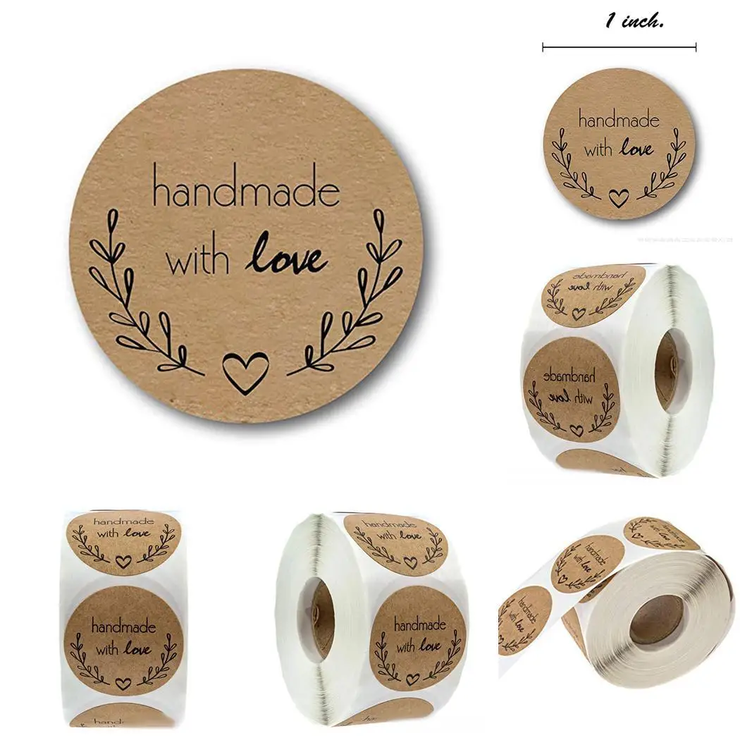 

500 pcs/roll Sticker Round Handmade with love Stickers DIY Cake 60g Baking Cookies 2.5cm/1.0inch Gift Box Label Sticker Letters