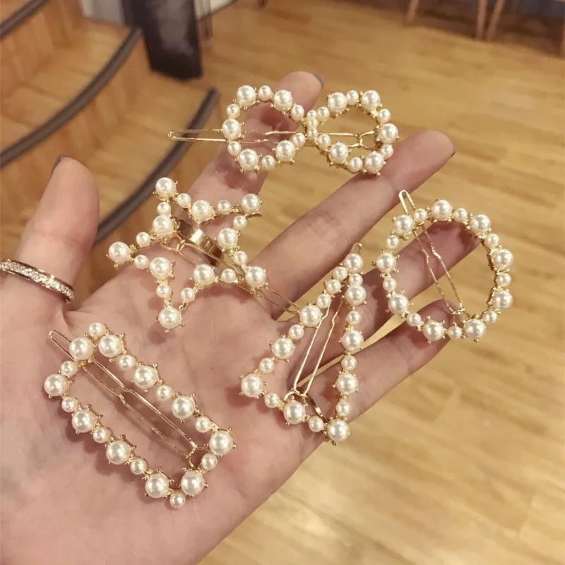 

Korean Pearls Geometric Alloy Girls Barrettes Hair Clip Clamp Jewelry Heart Star Various Shapes Hairpins Women Hair Accessories
