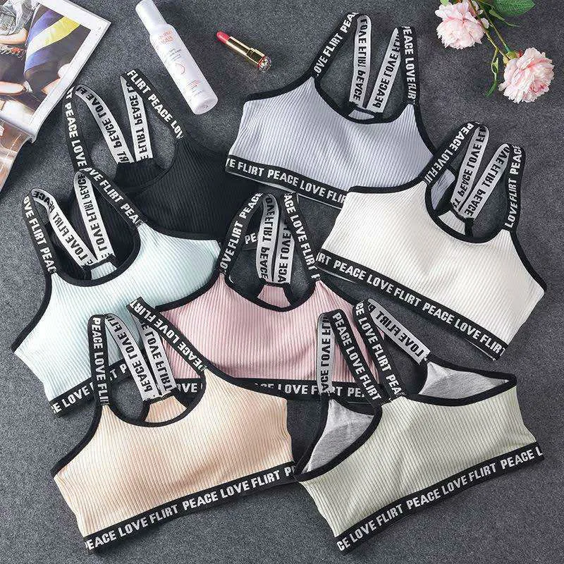 

CHRLEISURE Knitted Cotton Sling Bras For Women Stitching Letters Fitness Sexy Bra No Rims Breathable Bra