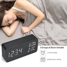 

Elegant Wooden LED Digital Sound Control Alarm Clock Indoor Hygrometer Thermometer Clock 3 Alarms Weekday Alarm Clock
