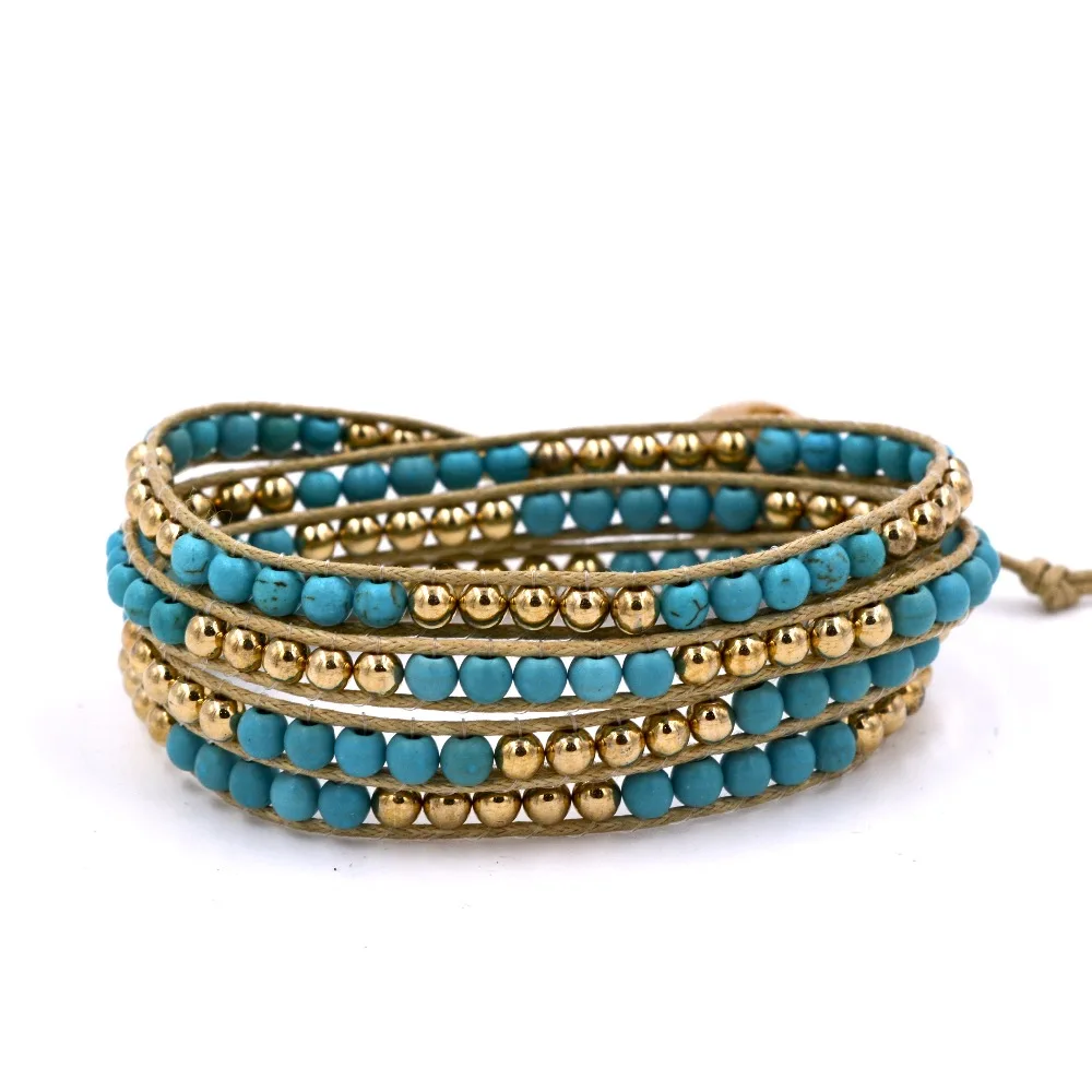 

4mm Blue howlite turkis Golden ball 4 Wrap Bracelet on Leather Charm Bracelet Handmade Jewelry Cuff bangle