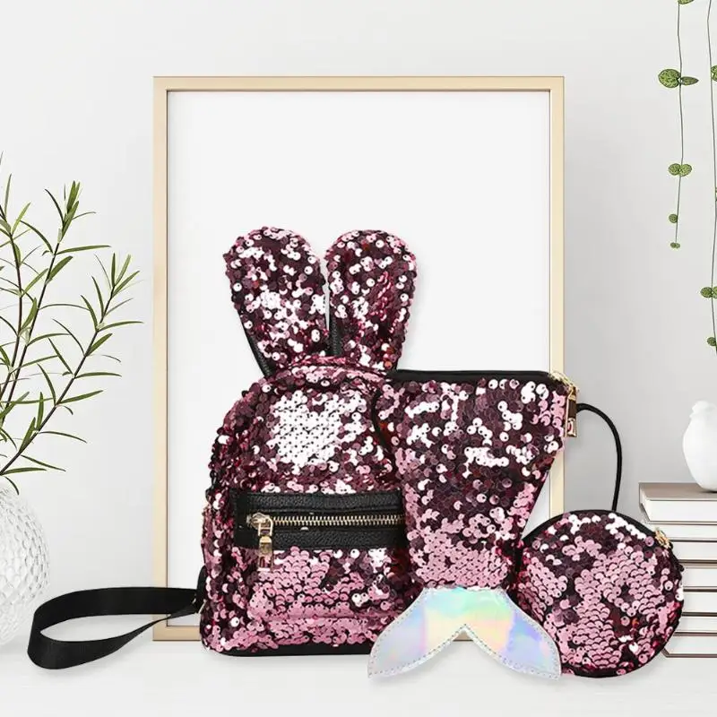 

3pcs/Set Mini Shining Sequins School Backpack Women Rabbit Ears Rucksack Cartoon Label Purse Zipper Backpack with Small Bag 2019